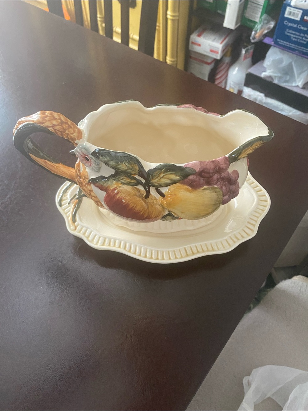 Hand-Painted Fruit Motif Gravy Boat with Underplate - Cream Base